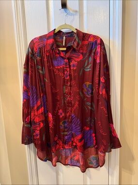 Free People Vibrant Floral Button-Up Blouse in Wine Red & Purple